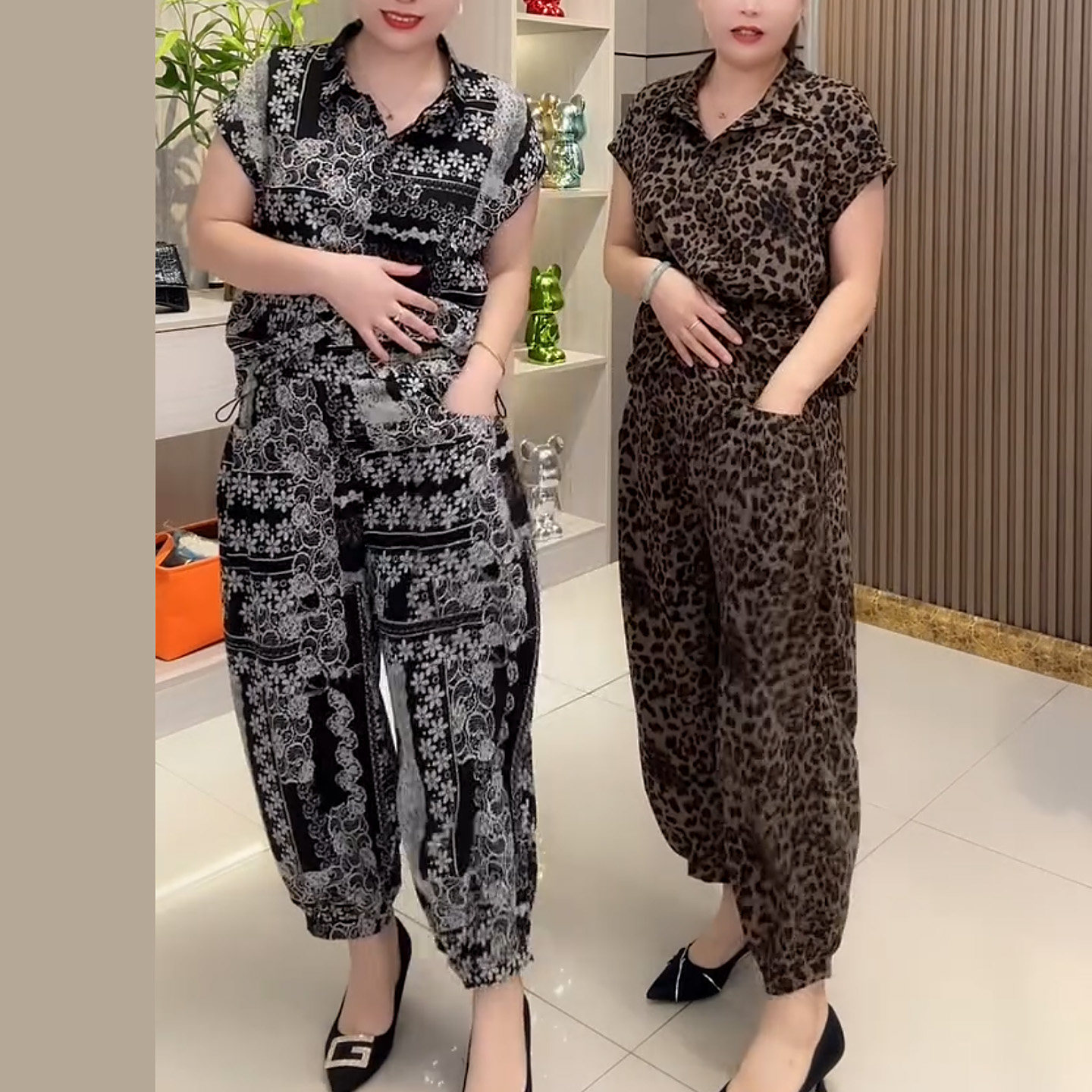 休闲冰麻女夏装套装洋气宽松大码中老年妈妈花色短袖哈伦裤两件套