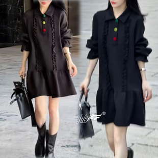 重工拼接衬衫领连衣裙女2026秋冬季新款韩版A字裙宽松中长款裙子