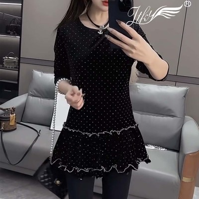 大码波点荷叶领显瘦长袖T恤