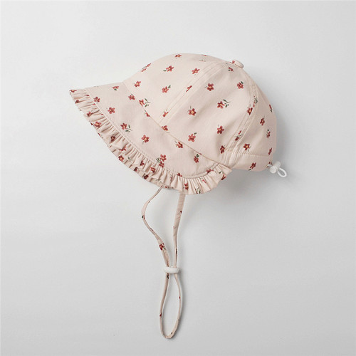 甜美纯棉女童皱褶边大檐遮阳帽