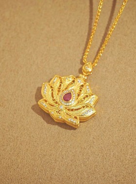 新中式复古花开见佛吊坠莲花佛双面拉丝项链中国风高级开合项饰