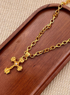 ch克罗经典镀24k金火焰镶钻十字架吊坠项链个性轻奢气质男女项链