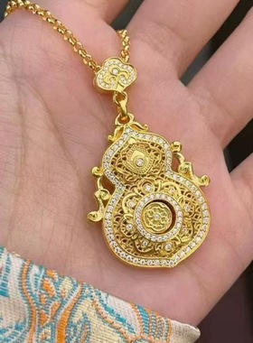 金店同款镂空葫芦镀金色吊坠花丝镶嵌古法精致工艺四美项链女