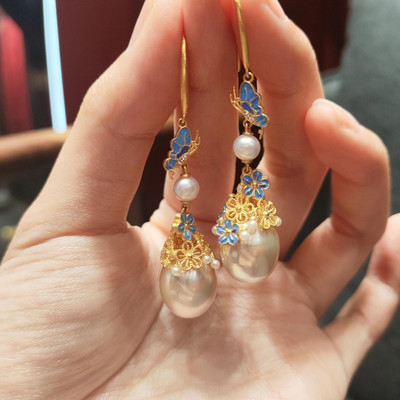 新中式古法烧蓝丝镶嵌珍珠耳环