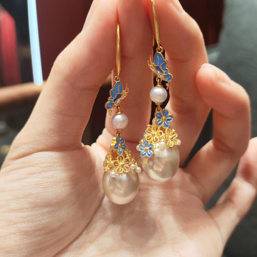 新中式古法烧蓝丝镶嵌珍珠耳环