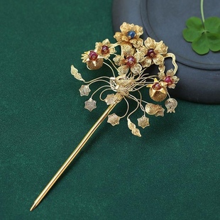 纯银S925鎏金花丝多宝发簪凤鸟石榴簪子纯银发簪送女朋友的礼物款