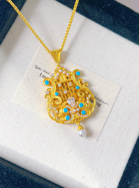 新中式古法镶嵌蓝宝石竖琴吊坠项链女仿黄金色如沐爱河古琴锁骨链