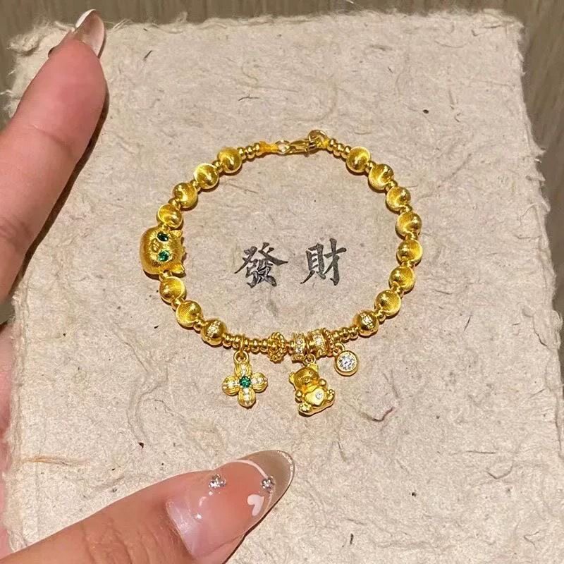 黄金色轻奢猫眼珠小熊四叶草猫猫手链可爱爆闪灯笼转运珠猫咪手串