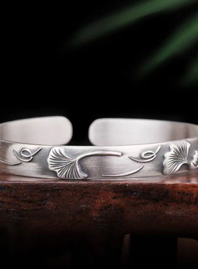 新中式国风银杏叶银手镯女纯银镯子叶子复古民族风浮雕开口实心银