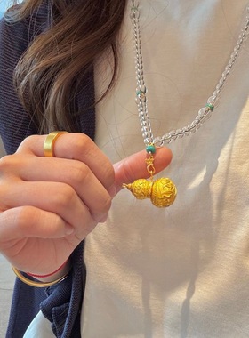 手工串珠白水晶绿松项链金色鏨刻葫芦吊坠项链轻奢高级感长款套链