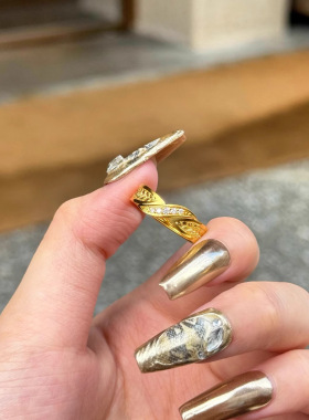 周家同款国韵传承点钻缎带麦穗戒指女仿真黄金色编织花丝开口戒子