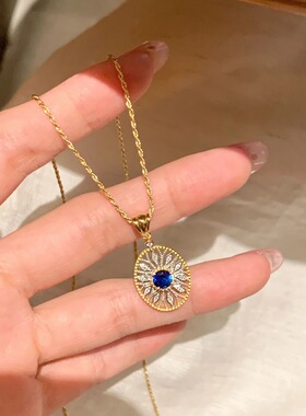 意大利布契风织纹雕金蓝尖晶吊坠轻奢高级感复古镶钻蓝钻项链