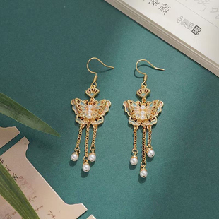 百搭新款上市珐琅珍珠流苏耳环花丝工艺精巧新中式宫廷风设计耳钩