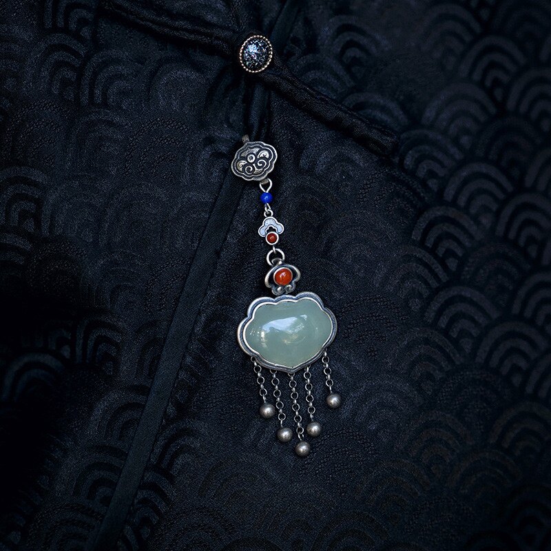 纯银旗袍压襟挂件天然玉石吊坠盘扣领口汉服茶服如意逐心古风挂件