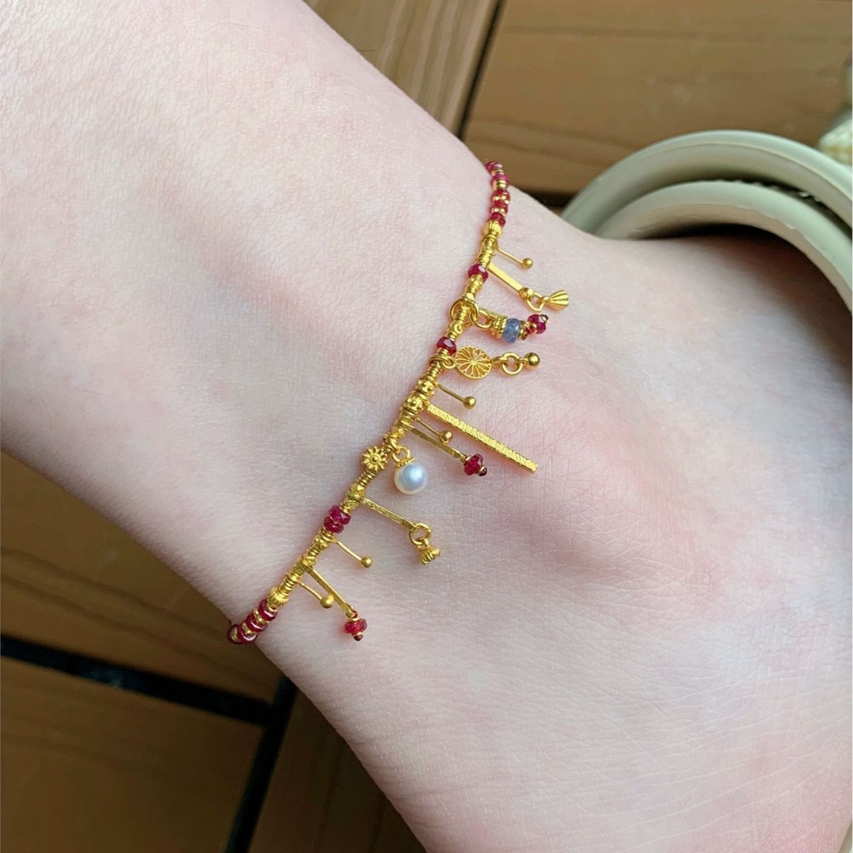 黄金色红锆石珍珠蓝锆石脚链小众设计经典时尚气质百搭送闺蜜礼物