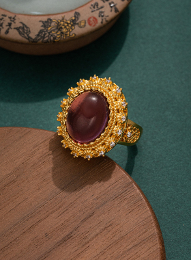 时尚经典繁花戒指黄金色气质轻奢大气点钻高级镶嵌食指戒古法宫廷