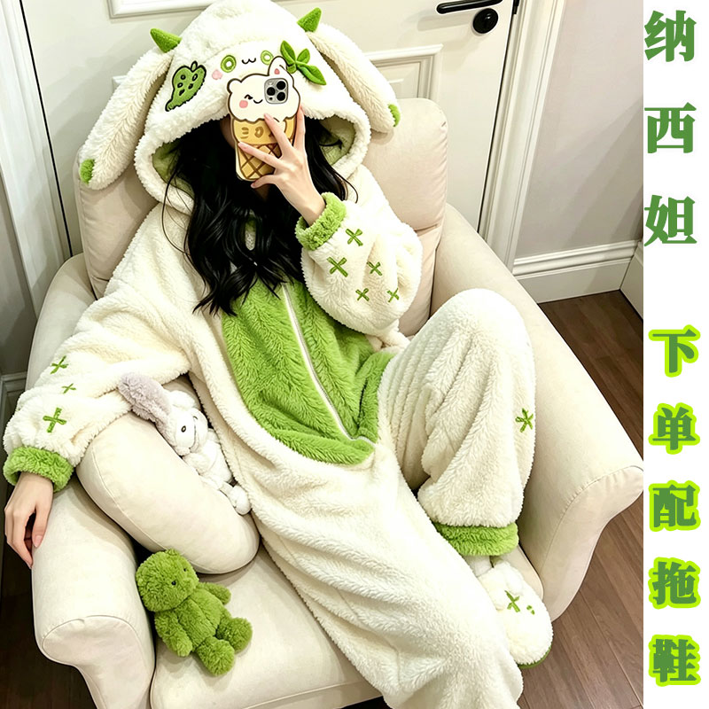 动漫纳西妲卡通情侣睡衣女冬季加厚法兰绒卡通搞怪连体家居服套装