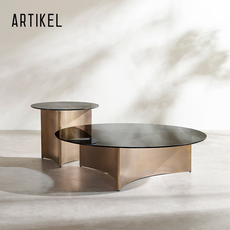 雅缇黄铜极简意式玻璃大理石茶几