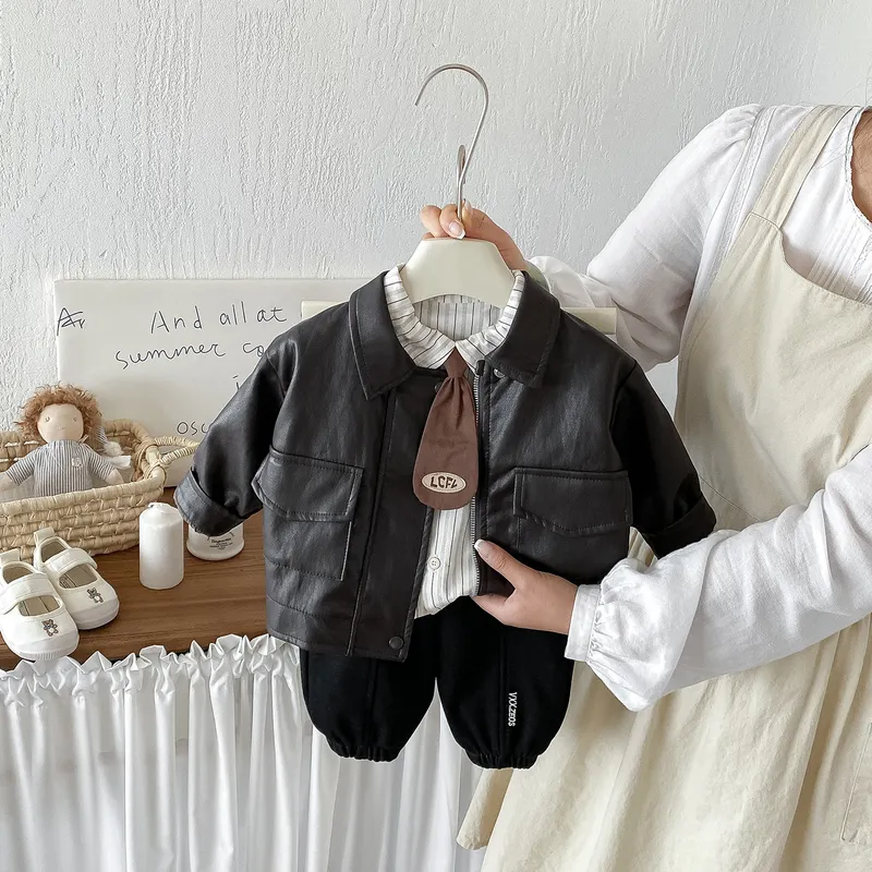 婴幼儿秋季条纹领带衬衫男宝宝韩版皮衣外套休闲束脚裤三件套