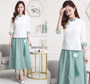 棉麻亚麻短袖 新款 上衣女士修身 短款 半身裙子 汉服女装 搭配修身 夏装