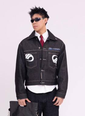 Madgentlemangroup 美式花体印花重磅牛仔夹克Boxy翻领短宽外套男