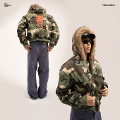 联名双面防兔毛座山雕毛领迷彩连帽棉服男夹克派克服 MCR MGG