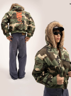 [MGG X MCR]联名双面防兔毛座山雕毛领迷彩连帽棉服男夹克派克服