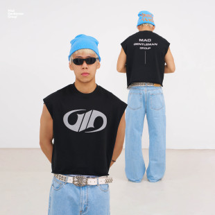 MGG 发泡印花运动坎肩背心国潮牌高街圆领夏季 休闲无袖 t恤 美式