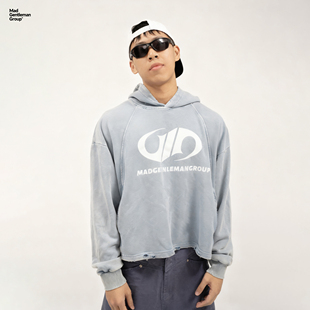 连帽卫衣男女破坏渐变Boxy帽衫 印花短款 上衣 蓝色水洗做旧美式 MGG