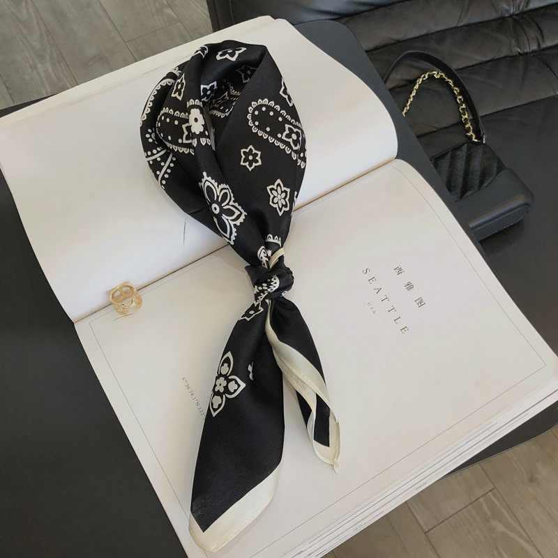 时尚黑色腰果花手腕方巾桑蚕丝丝巾薄百搭装饰小围巾真丝男女领巾