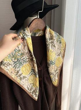 2024新款双面印花黄色柔软棉麻小围巾护颈披肩女士复古方巾秋冬季