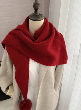 韩系毛球可拆针织披肩外搭护颈围脖保暖大三角围巾冬季女新款红色