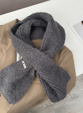 韩系新款灰色毛线小围巾男女秋冬防寒保暖交叉围脖护颈脖套配大衣