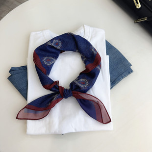秋季方巾女2025新款藏蓝色酒红边腰间丝巾搭配衬衫护颈小围巾薄款