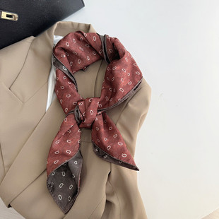 秋冬新款红棕色双面小围巾方巾装饰丝巾系脖高级感女衬衫配饰领巾