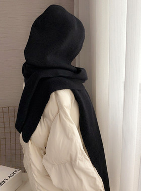 带帽时尚保暖护颈披肩女外搭冬季新款红色针织围脖连帽子围巾一体