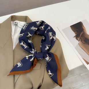 新款柔软复古蓝护颈小围巾女可爱领巾方巾腰间装饰丝巾系脖秋冬季