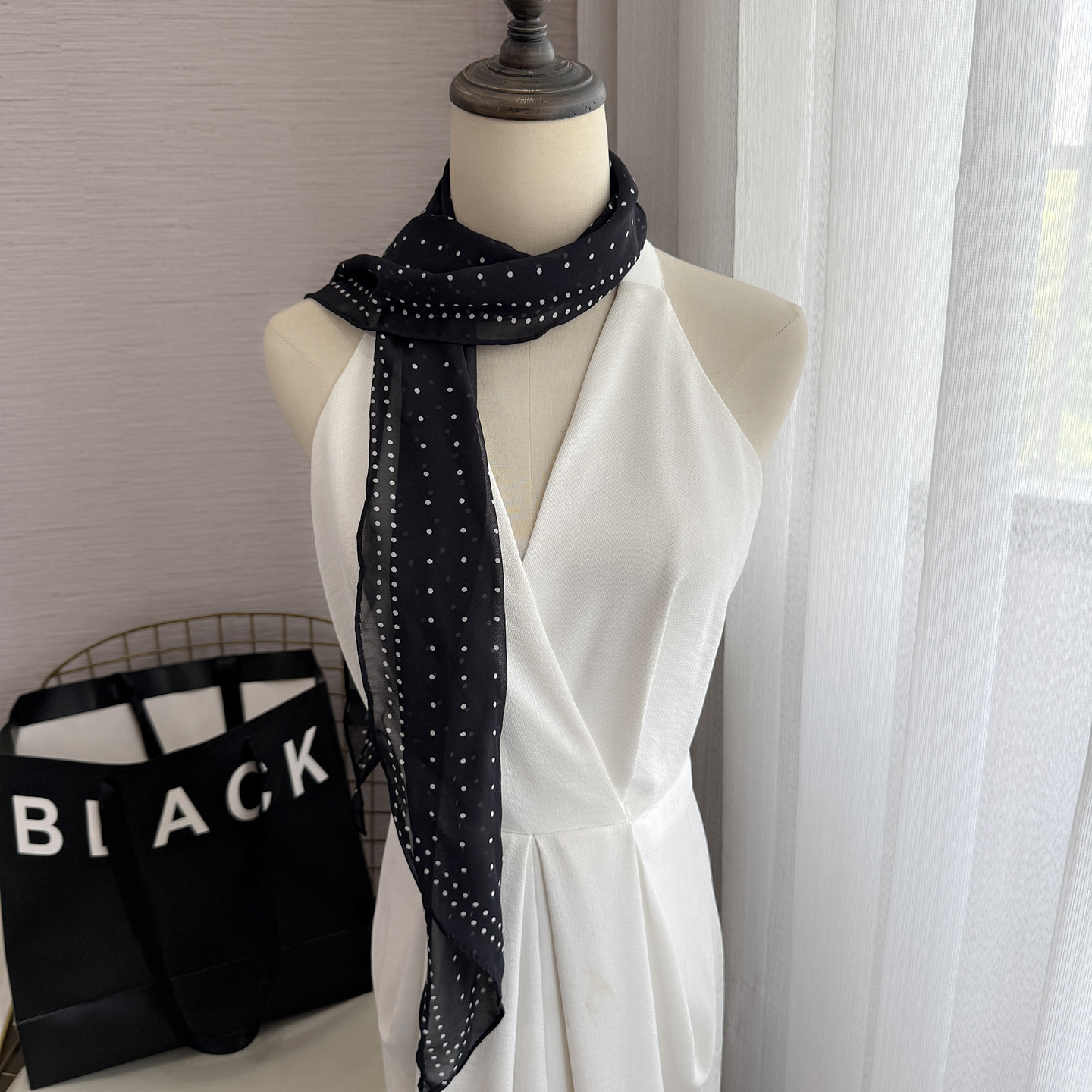 长条小波点丝巾系脖夏薄款围巾纱巾护颈领巾装饰腰带头巾发带飘带