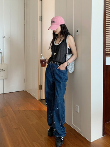 设计感泼墨印花牛仔裤显瘦拖地裤