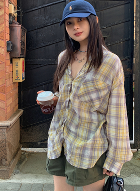 7AM10PM慵懒风黄格子抽皱衬衣女 设计感小众宽松廓形天丝衬衫防晒
