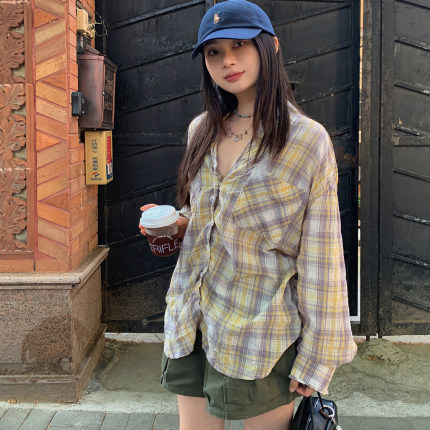 7AM10PM慵懒风黄格子抽皱衬衣女 设计感小众宽松廓形天丝衬衫防晒