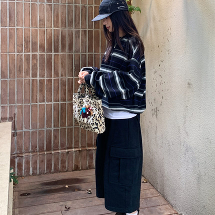 7AM10PM 高级感黑白绿条纹重工卫衣女 百搭宽松圆领套头上衣 纯棉