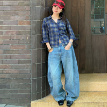 7AM10PM个性时髦金属腰绊低腰牛仔裤女蓝色宽松直筒镰刀裤长裤潮