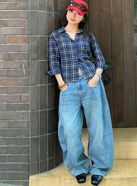 7AM10PM个性时髦金属腰绊低腰牛仔裤女蓝色宽松直筒镰刀裤长裤潮