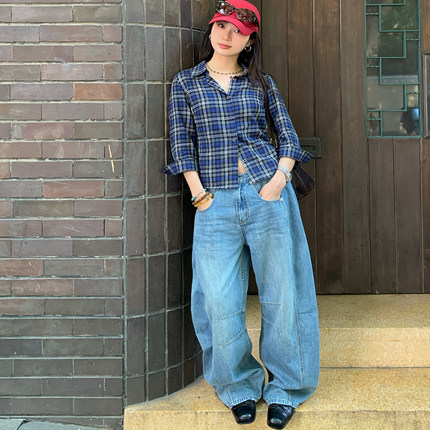 7AM10PM个性时髦金属腰绊低腰牛仔裤女蓝色宽松直筒镰刀裤长裤潮