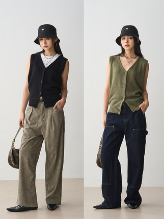 7AM10PM 纯色V领毛针织马甲开衫女外穿叠穿无袖背心坎肩百搭上衣