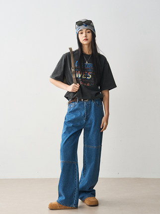 7AM10PM个性拼接牛仔裤女2024新款不规则分割蓝色宽松款休闲长裤