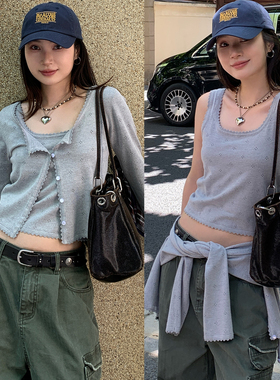 7AM10PM 气质针织背心+毛衣开衫真两件套 软糯百搭灰色毛衣短外套