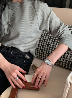 7AM10PM 圆领t恤打底衫女九分袖灰色华夫格宽松百搭上衣女