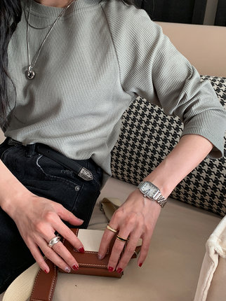 7AM10PM 圆领t恤打底衫女九分袖灰色华夫格宽松百搭上衣女